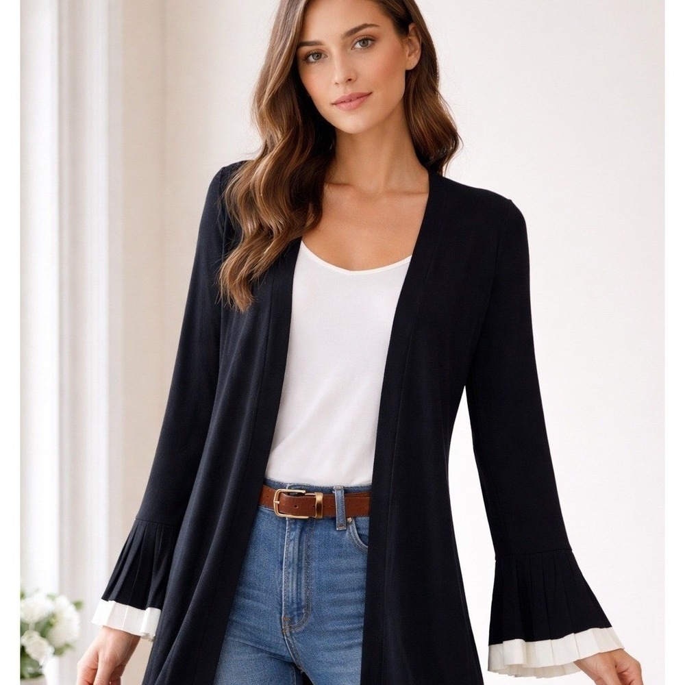 Charter Club Black Open-Front Cardigan with Contrast Pleated Cuffs
